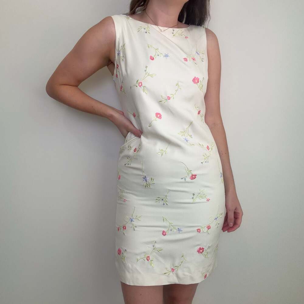 Vintage Cream Silk Floral Embroidered Mini Dress